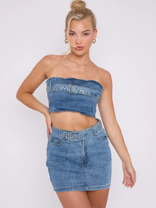 Belted Denim Bandeau Crop Top & Skirt Co-Ord