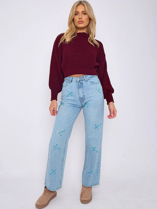 Diamanté Crucifix Detail Straight Leg Denim Jeans