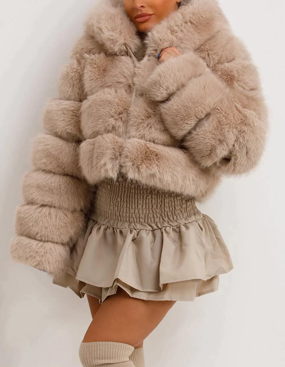 Taupe Faux Fur Hooded Jacket