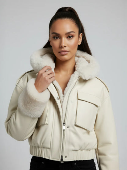 Beige Faux Fur Trimmed Faux Leather Jacket