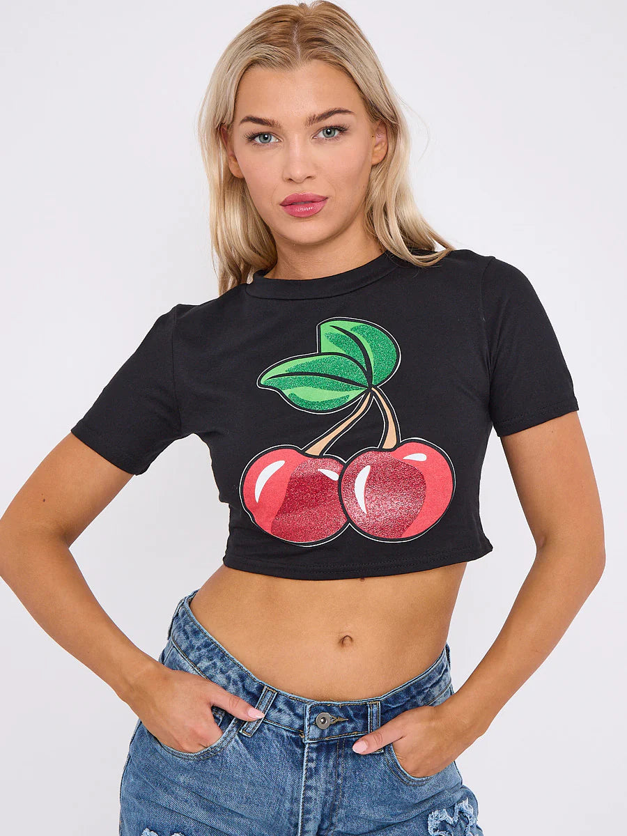 White Glitter Detail Cherry Graphic Printed Crop Top