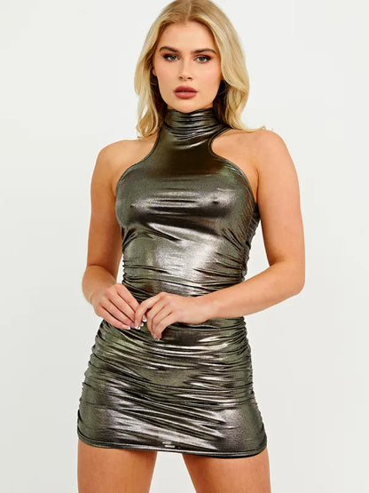 Fuchsia High Neck Sleeveless Metallic Ruched Dress