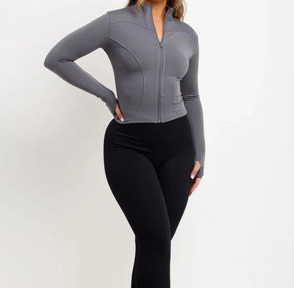 Slate Grey Long Sleeve Slim Fit Zip Up Gym Top