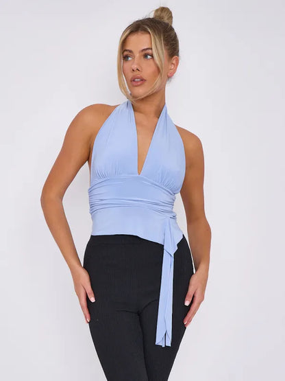 Mint Slinky Halter Neck Crop Top With Frill Detail