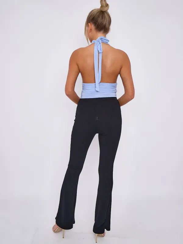 Blue Slinky Halter Neck Crop Top With Frill Detail