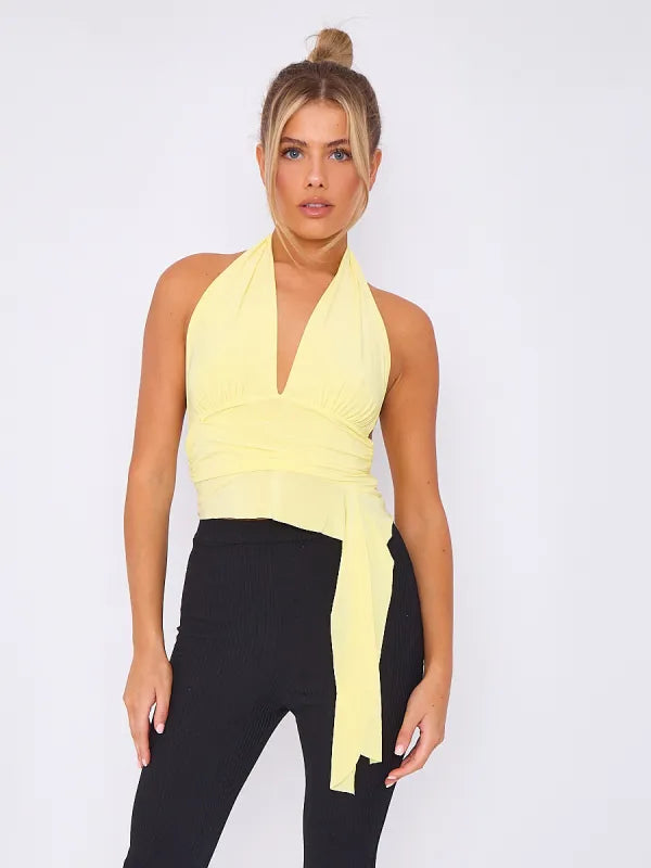 Lemon Slinky Halter Neck Crop Top With Frill Detail