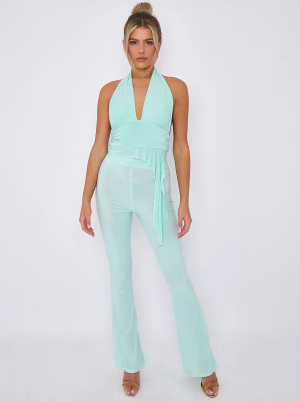 Mint Slinky Halter Neck Crop Top With Frill Detail