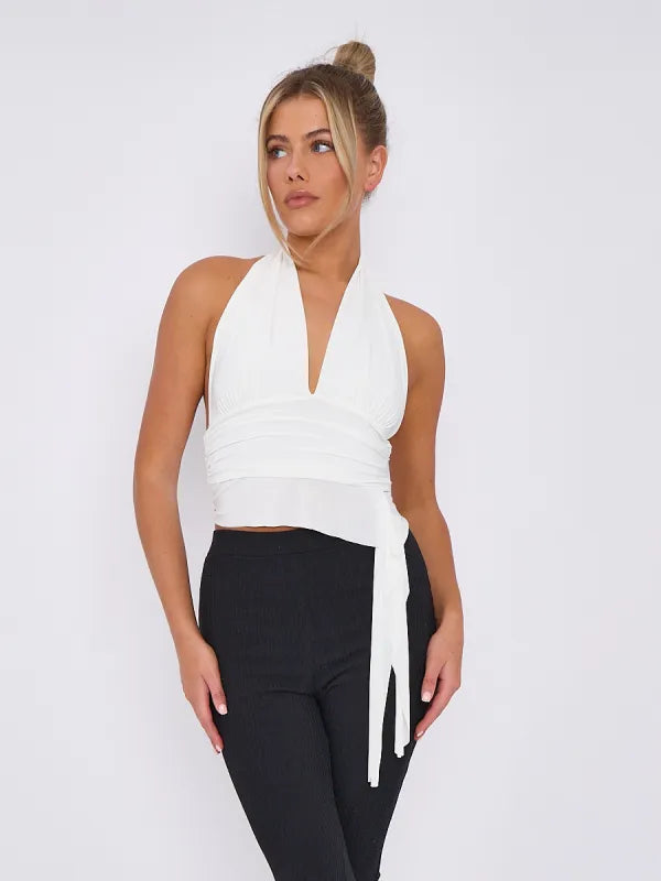 Blue Slinky Halter Neck Crop Top With Frill Detail