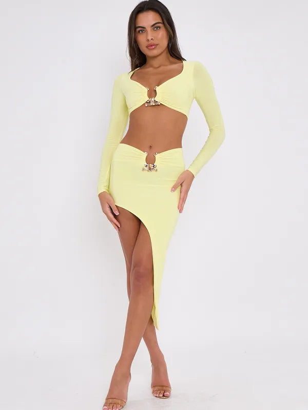 Lemon Long Sleeve Slinky Horseshoe Buckle Detail Crop Top & Skirt Co-ord