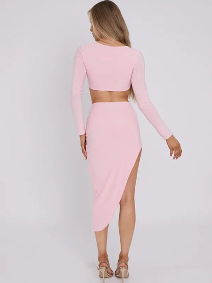 Cream Long Sleeve Slinky Horseshoe Buckle Detail Crop Top & Skirt Co-ord