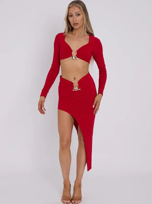 Red Long Sleeve Slinky Horseshoe Buckle Detail Crop Top & Skirt Co-ord