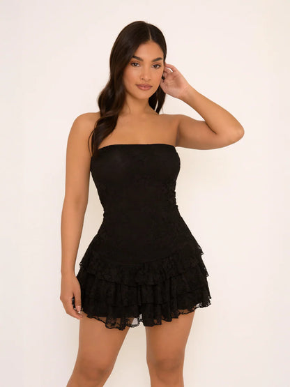 Wine Lace Bandeau Frill Mini Dress