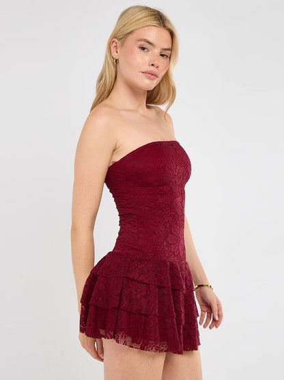Wine Lace Bandeau Frill Mini Dress