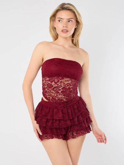 Wine Lace Bandeau Crop Top