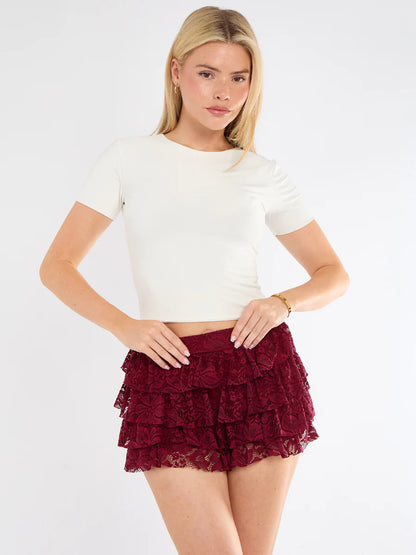 Wine Lace Detail Frilly Mini Skort