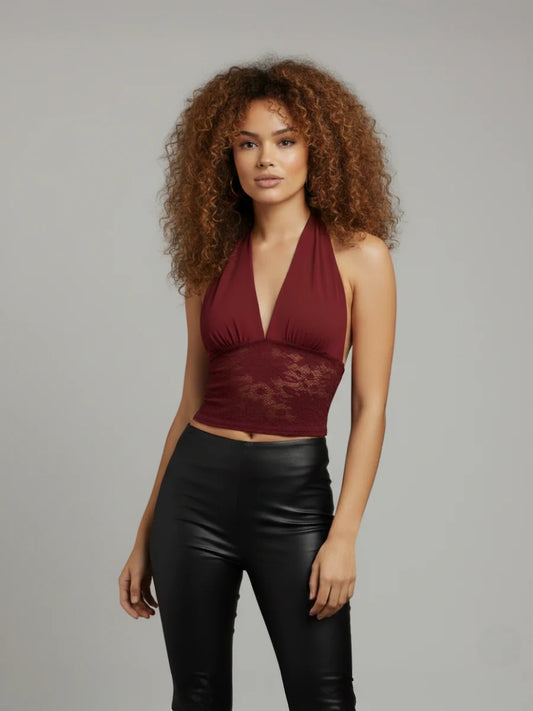 Wine Lace Halter Neck Lace Crop Top