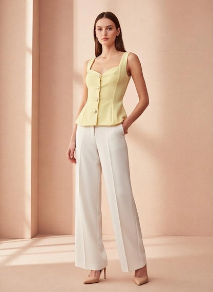 White Structured Peplum Button Top