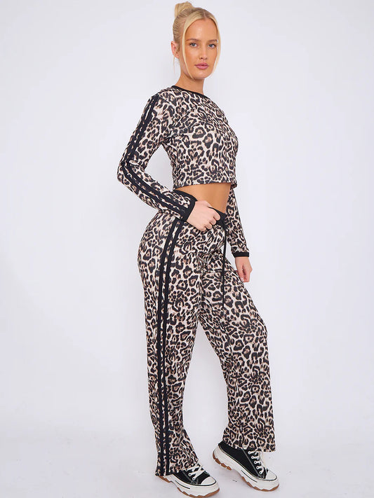 Black Leopard Print Ribbed Crop Top & Trouser Co-Ord With Stripe Detail