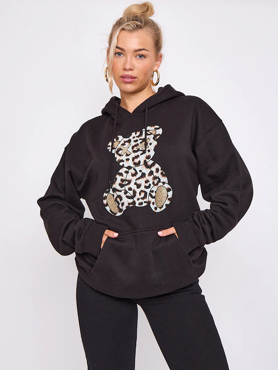 Black Leopard Print Teddy Graphic Hoodie