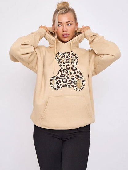 Black Leopard Print Teddy Graphic Hoodie