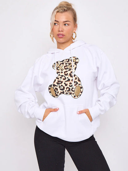 Black Leopard Print Teddy Graphic Hoodie