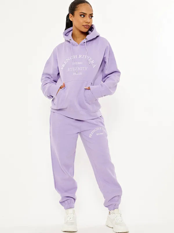 Baby Pink Embroidered French Riviera Hooded Fleece Co-ord