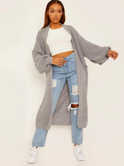 Charcoal Long Balloon Sleeves Knitted Open Cardigan