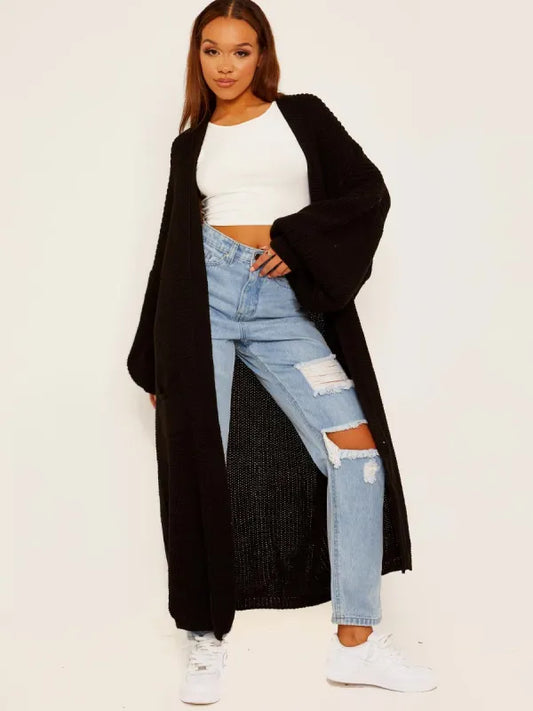 Black Long Balloon Sleeves Knitted Open Cardigan
