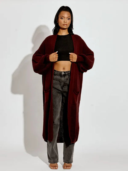Chocolate Brown Long Balloon Sleeves Knitted Open Cardigan