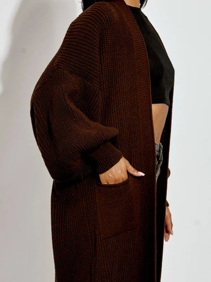 Chocolate Brown Long Balloon Sleeves Knitted Open Cardigan