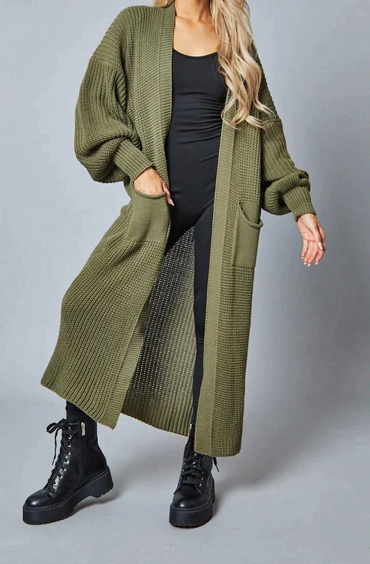 Olive Long Balloon Sleeves Knitted Open Cardigan