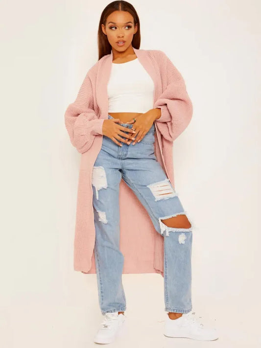 Pink Long Balloon Sleeves Knitted Open Cardigan