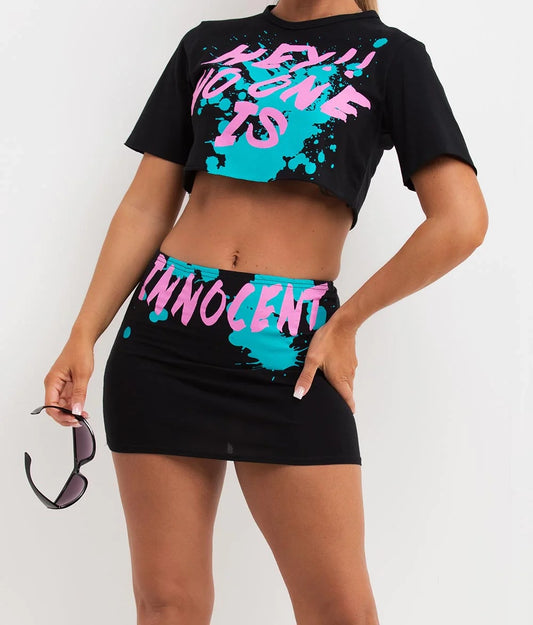 Hey No One Is Innocent Crop T-Shirt & Skirt Co Ord
