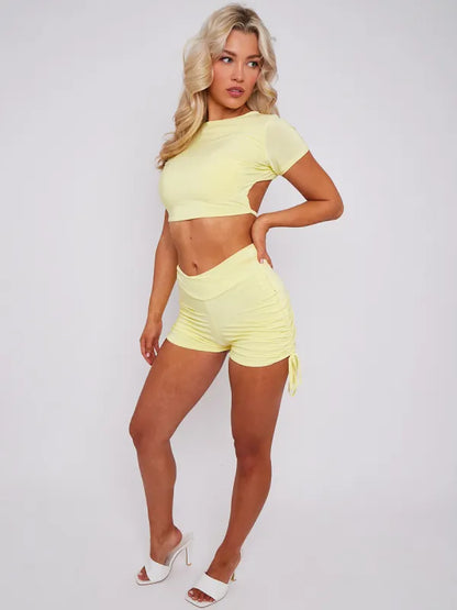 White Open Back Crop Top & Crossover Ruched Shorts Co-ord