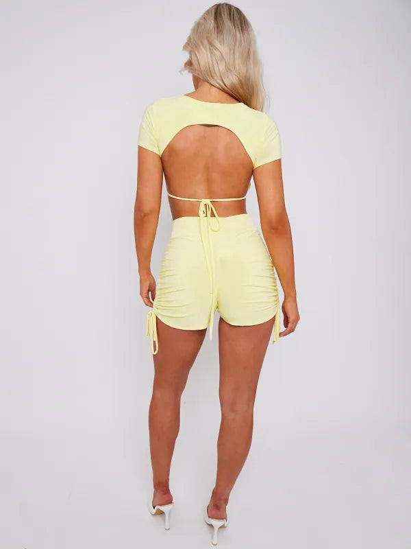 White Open Back Crop Top & Crossover Ruched Shorts Co-ord