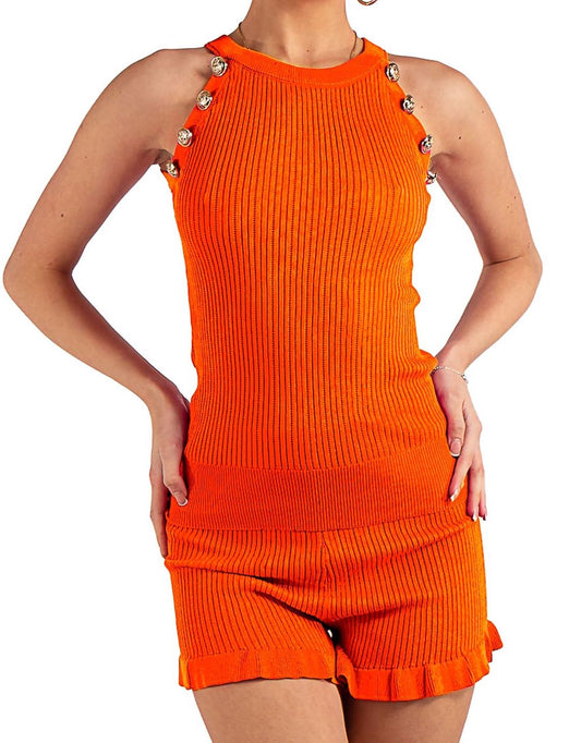 Orange Ribbed Gold Button Vest And Frill Shorts Co-Ord