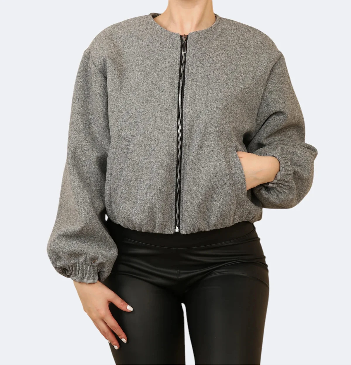 Light Grey Balloon Sleeve Bomber Jacket