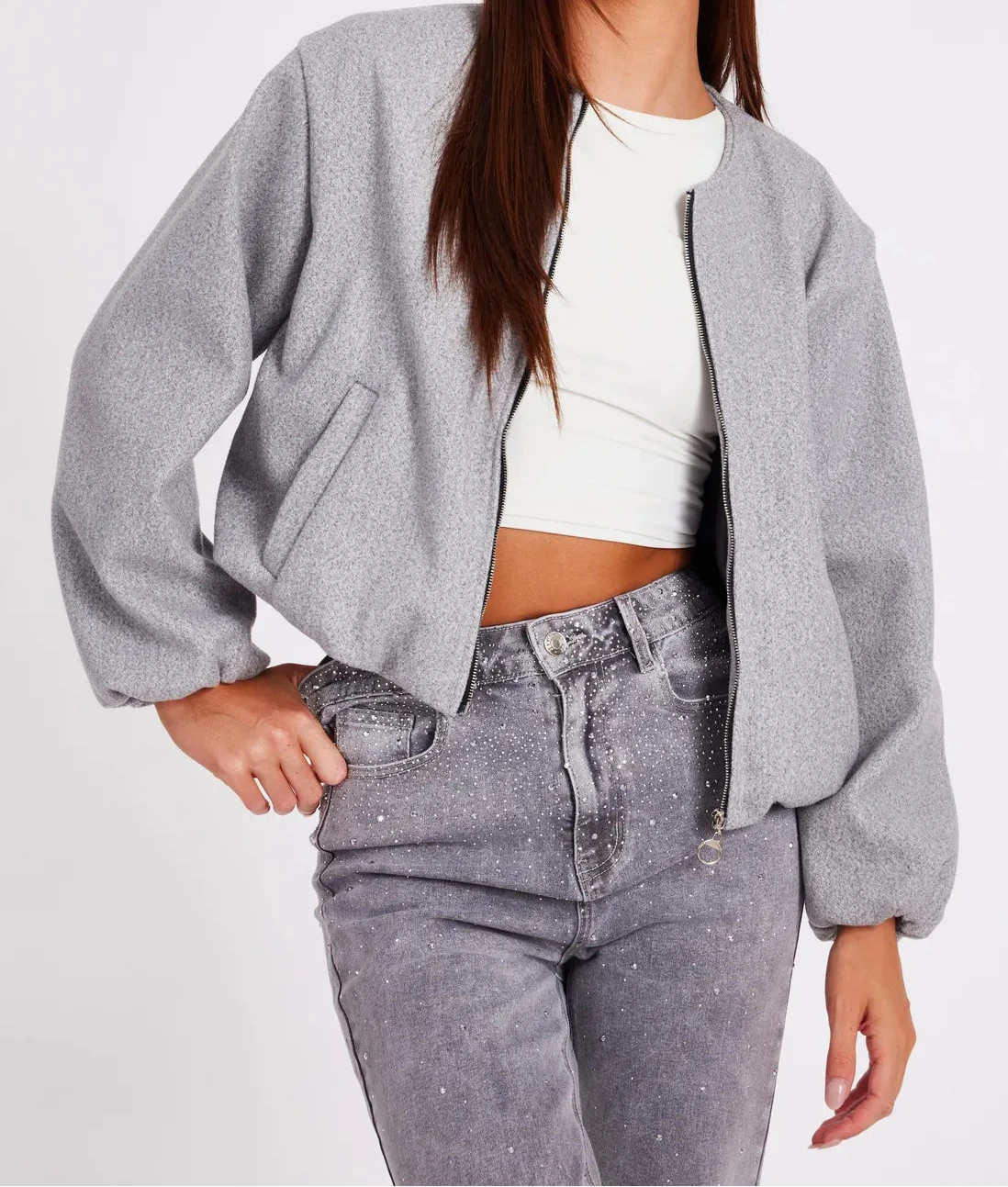 Light Grey Balloon Sleeve Bomber Jacket