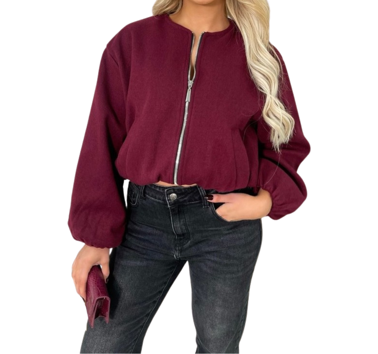 Light Grey Balloon Sleeve Bomber Jacket