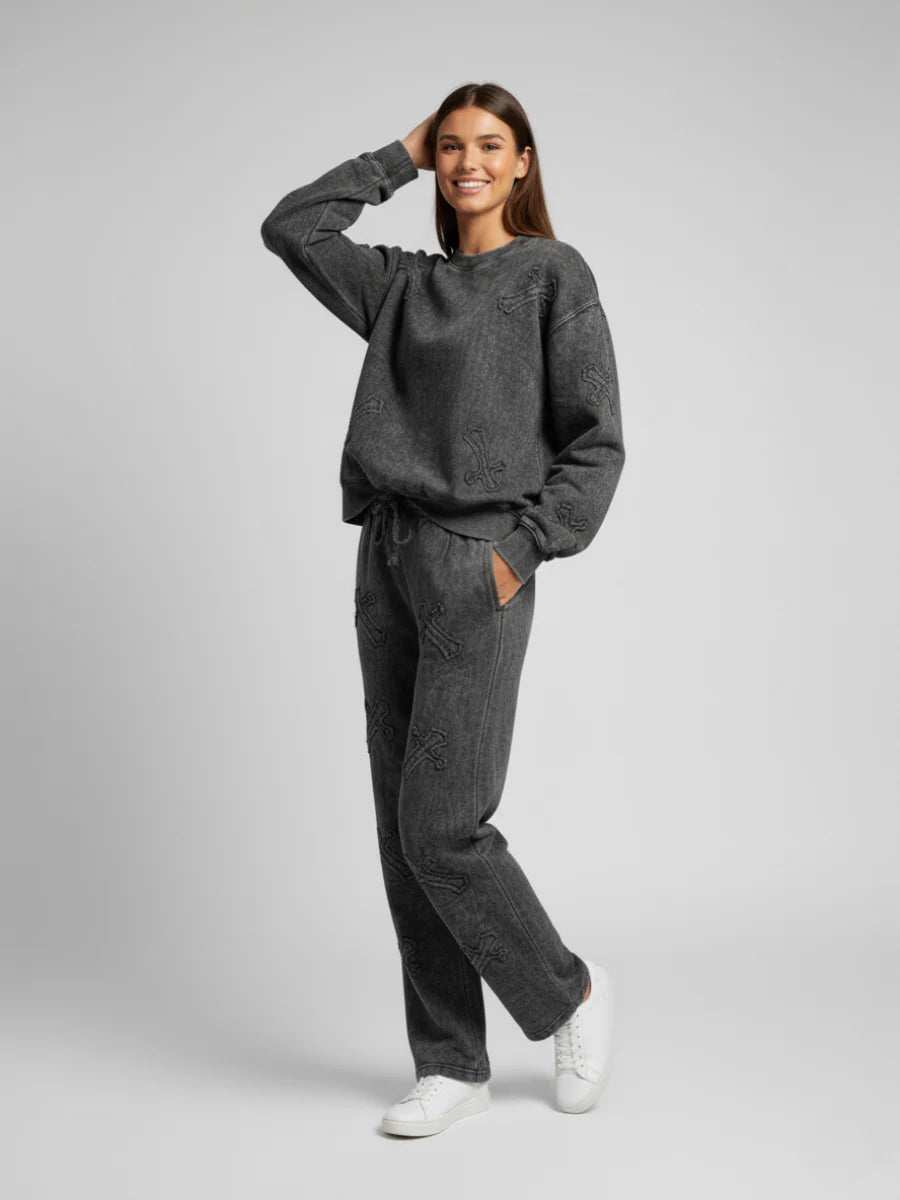Charcoal Acid Wash Oversized Crucifix Embroidered Fleece Co-Ord
