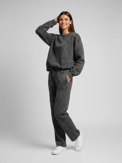Charcoal Acid Wash Oversized Crucifix Embroidered Fleece Co-Ord