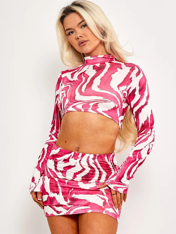 Pink Zebra Print Slinky Crop Top & Skirt Co-ord