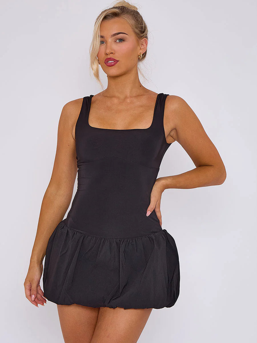 Black Square Neck Puffed Hem Mini Balloon Dress