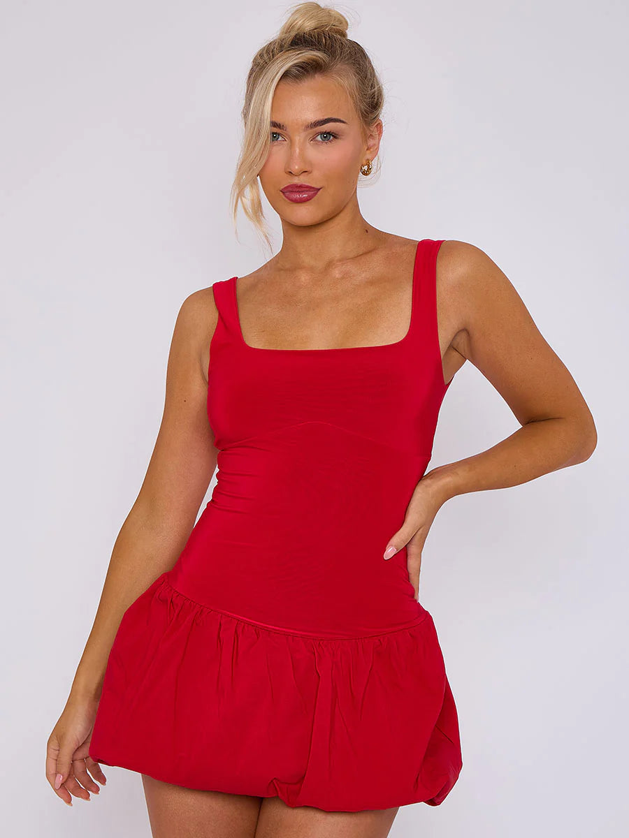 Red Square Neck Puffed Hem Mini Balloon Dress