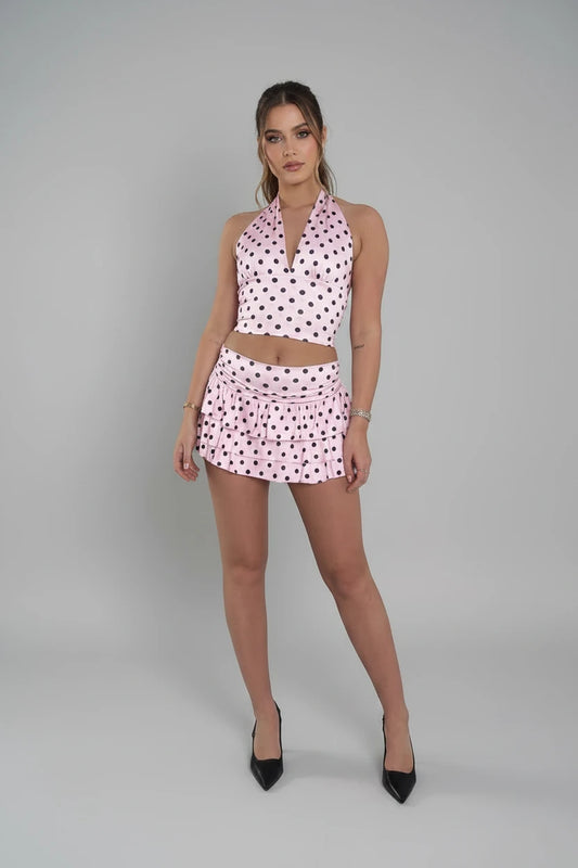 Pink Polka Dot Halter Neck Cropped Top and Frill Skirt