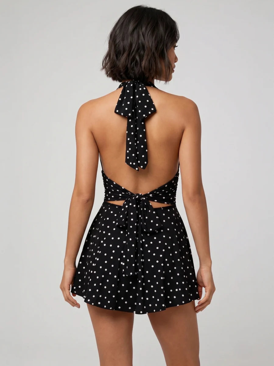 Black Polka Dot Halter Neck Mini Dress