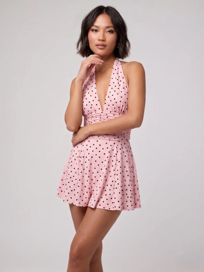 Black Polka Dot Halter Neck Mini Dress