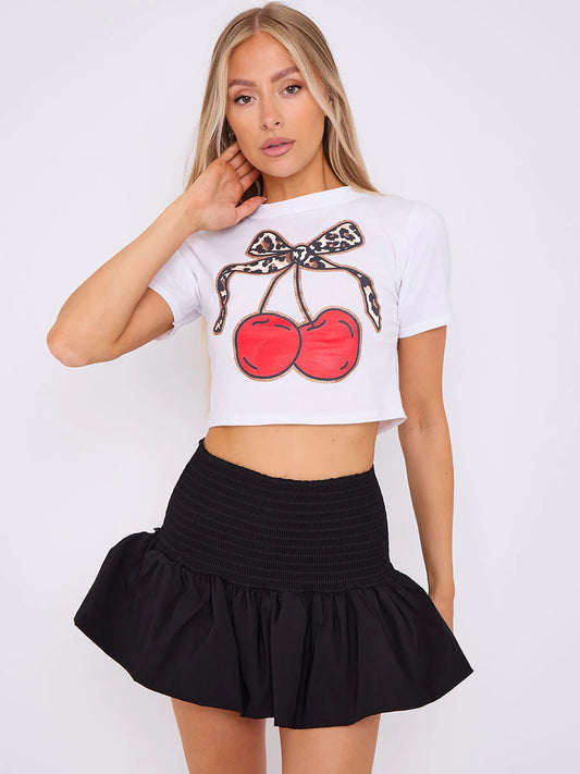 Black Shirred High Waist Puffball Mini Skirt