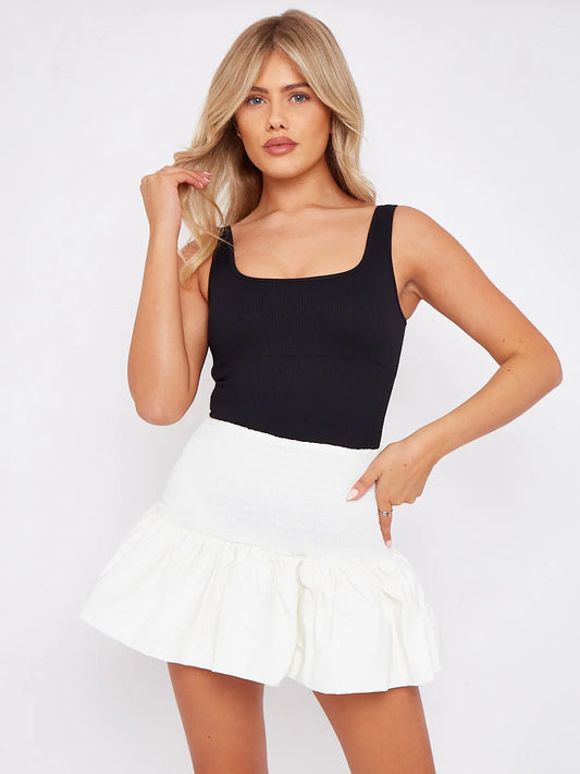 White Shirred High Waist Puffball Mini Skirt