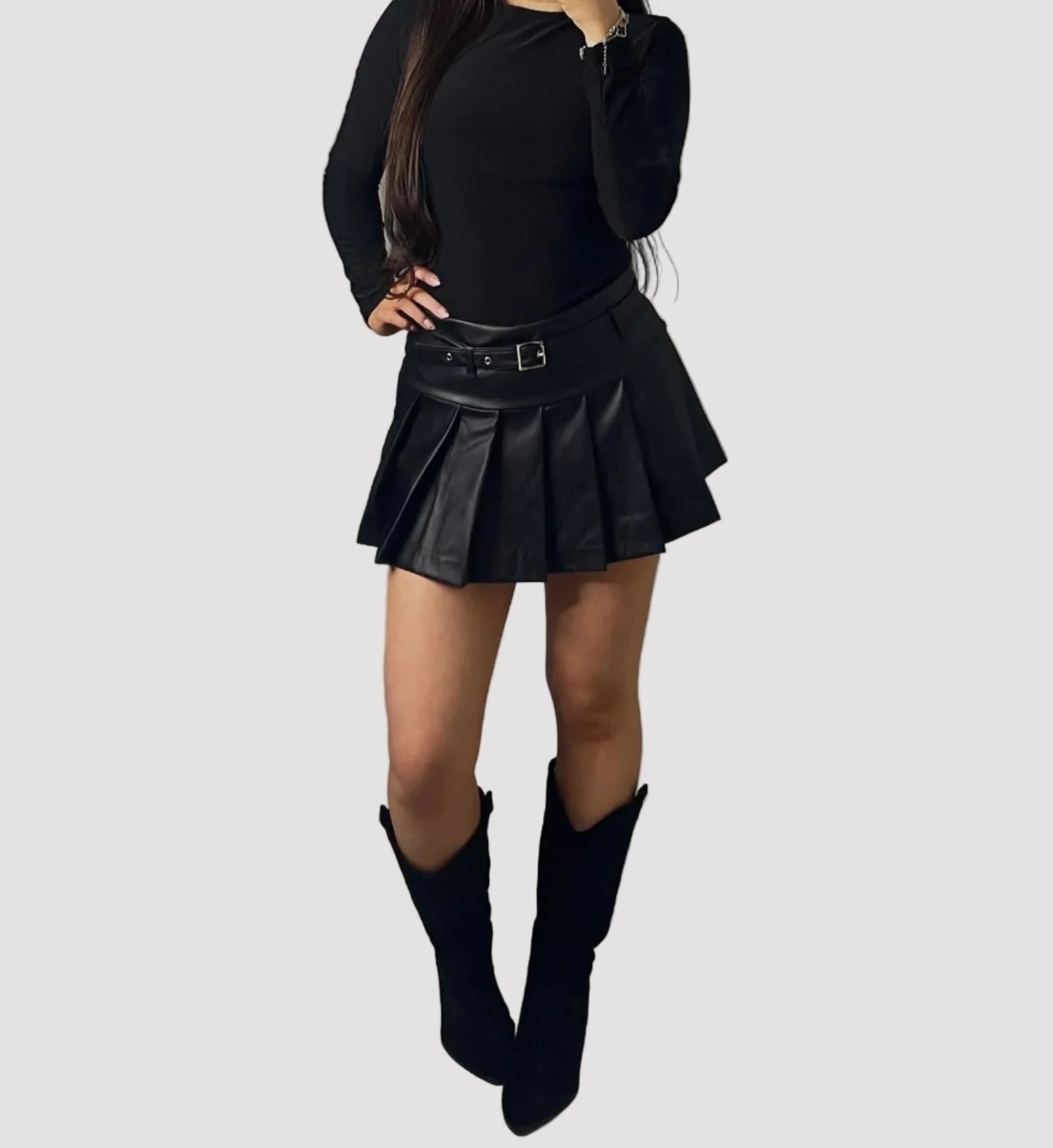 Black PU Pleated Mini Tennis Skort With Belt